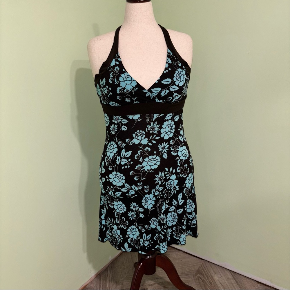 VTG Y2K Floral Halter Dress Brown & Blue Made In USA Fairy Boho Women’s Sz M